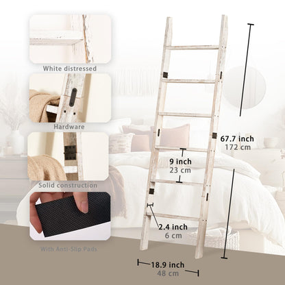 Blanket Ladder for The Living Room 6-Tier, Wooden Decorative Quilt Holder for Bed Room, Wall-Leaning Towel Rack for Bathroom，Rustic Farmhouse Ladders for Display. (White Wash)
