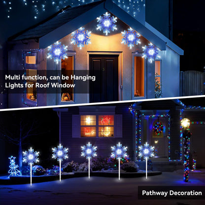 Snowflake lights outdoor 3D Crystal Cool White and Blue Chasing Led 9 ft set of 5 Yard Stake Snowflake Christmas Pathway Lights Connectable Christmas Decorations Outside for Yard Path Lawn Patio Decor