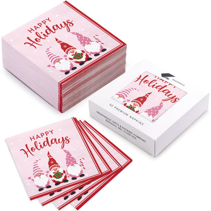 WRAPAHOLIC 50Pcs Christmas Gnomes Paper Napkins - 3-Ply Disposable Cocktail Napkin for Christmas Party Supplies Tableware, Xmas Holiday Party Decorative Towels - 5 x 5 In