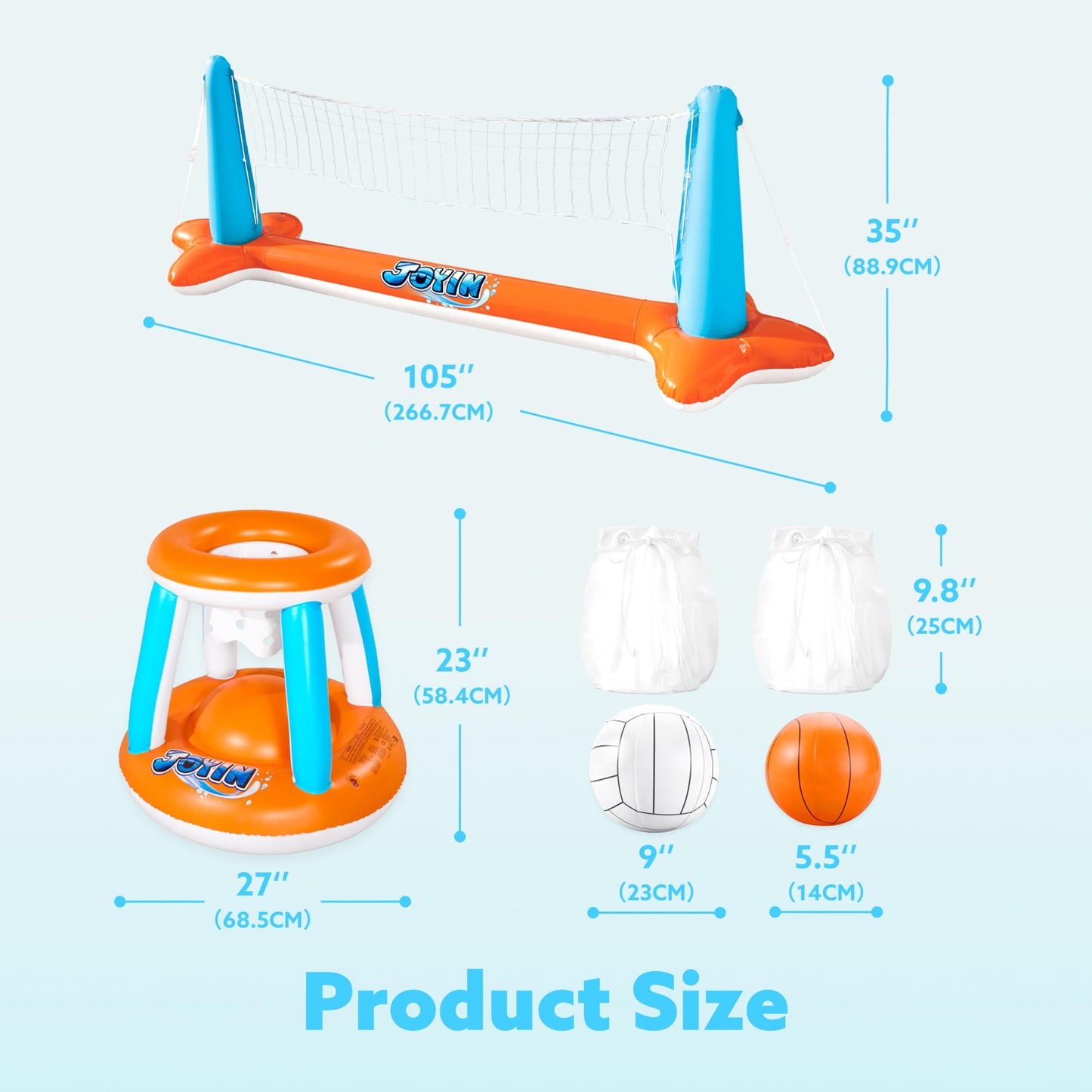JOYIN Inflatable Pool Float Set Volleyball Net & Basketball Hoops, Floating Swimming Game Toy for Kids and Adults, Summer Floaties, Volleyball Court (105”x28”x38”)|Basketball (27.6”x23”),L-Orange