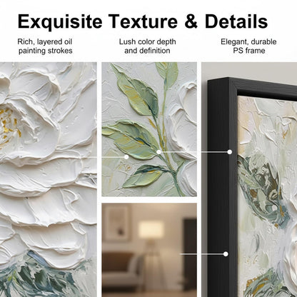 Hand Painted White Flower Oil Painting for Kitchen, Large 3D Floral Canvas Wall Art for Living Room, Framd Modern Wall Decor for Bedroom,Office Home Decor 32" x 32"