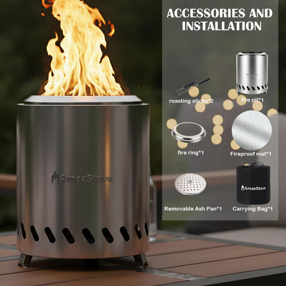 9.7 x 7.1 Inch Tabletop Fire Pit by AmazStove, Low Smoke Camping Stove for Outdoor Safe Burning Firepits, Fueled Pellets or Wood, Travel Bag Included (Silver, 9.7 x 7.1 INCH)
