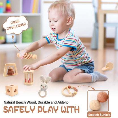 Wooden Baby Rattle, 7PCS Wooden Baby Toys for Babies 18-36 Months, Wood Montessori Toys with Crochet Rabbit Rattle for Infant Grasping, Gift for Baby Girls Boys