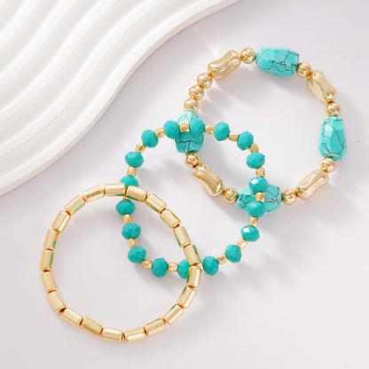 Aigrnc Boho Beaded Stretch Bracelets For Women Stackable Crystal Gold Plated Beaded Bracelets Set Trendy Handmade Friendship Braeclet Jewelry Gifts (L-Turquoise 3 pcs)