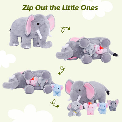 OUOZZZ Elephant Stuffed Animal with 4 Baby Elephants – Interactive Plush Toy Set with Crinkly Ears, Rotating Trunk – Travel-Friendly & Portable Gift for Baby Girls, Boys, Toddlers & Kids 14" x 6.3"