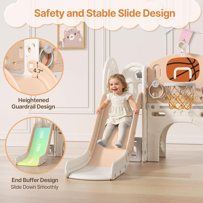 BIERUM 9 in 1 Toddler Slide, Baby Slide for Toddlers Age 1-3 with Ring Toss, Basketball Hoop and Telescope, Indoor Outdoor Playset Playground Beige Coffee