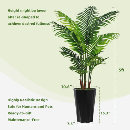Artificial Palm Plant Indoor 5FT Fake Tree with Mocha Diamond Planter Faux Tropical Areca Tall Fake Floor Plant Potted Artificial Trees for Home Office Living Room Decor Indoor