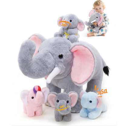 OUOZZZ Elephant Stuffed Animal with 4 Baby Elephants – Interactive Plush Toy Set with Crinkly Ears, Rotating Trunk – Travel-Friendly & Portable Gift for Baby Girls, Boys, Toddlers & Kids 14" x 6.3"