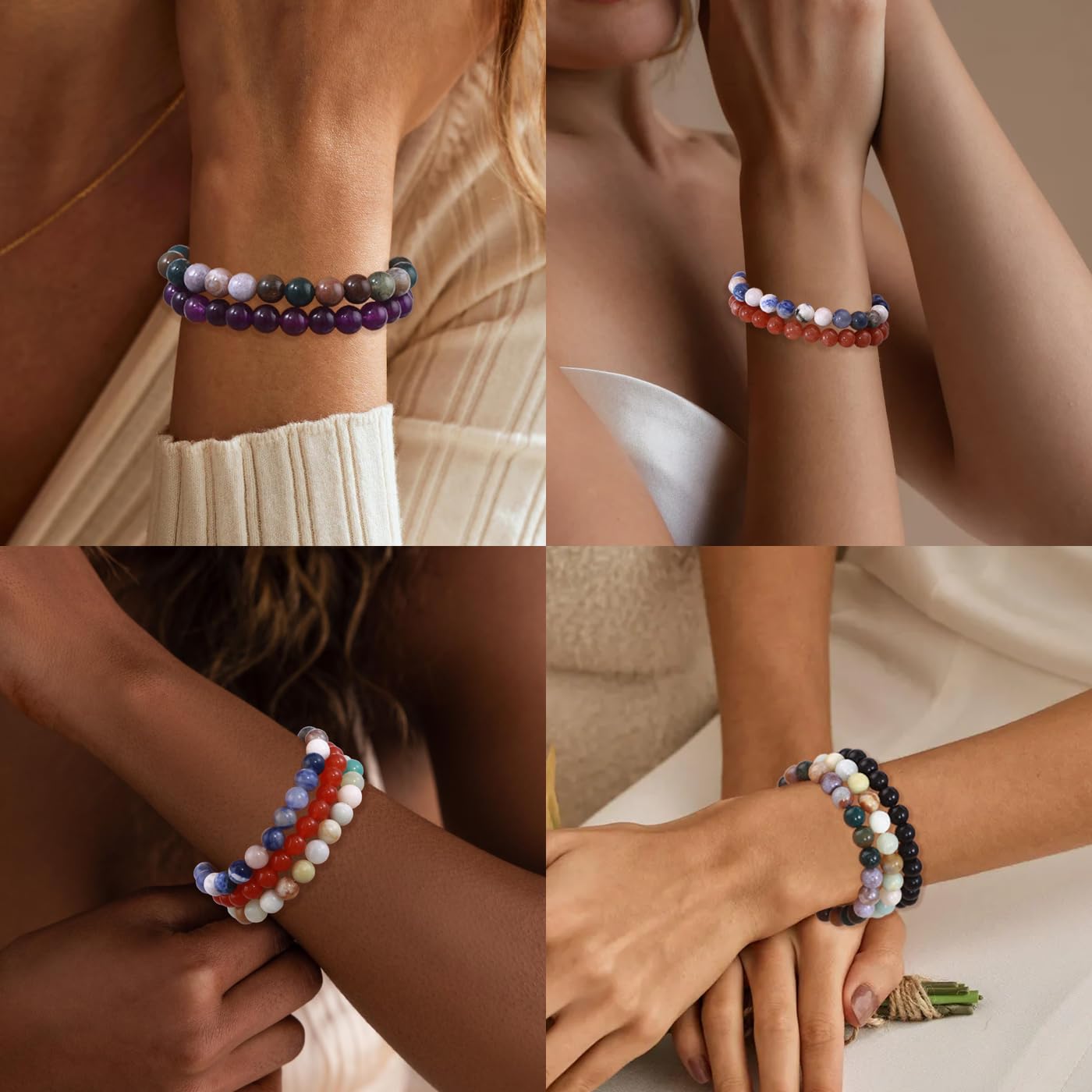 WAINIS 12PCS 8mm Natural Crystal Bracelets for Women Men Semi-Precious Gemstone Beaded Bracelets Round Beads Gemstones Stretch Yoga Bracelet Jewelry Gift