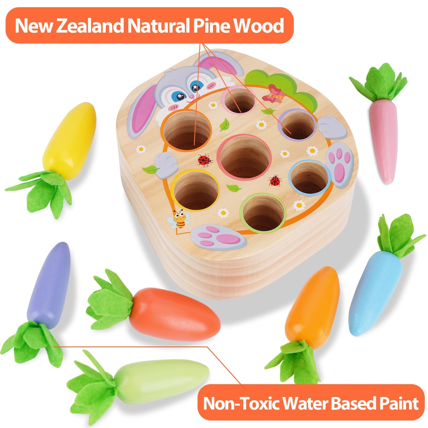 KMTJT Montessori Toys for 1 2 3 Year Old Toddlers, Rabbit Carrot Harvest Game Wooden Toys for 6-12 Months Baby Boys and Girls, Shape Sorting Matching 1st Birthday Easter Gifts for Babies 1-3 (Macron)