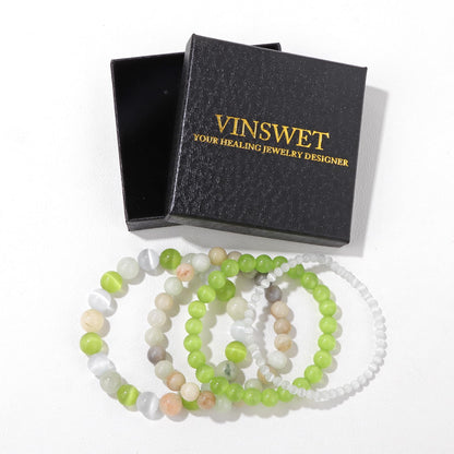 Vinswet 4pcs Natural Stone Beaded Bracelets for Women Men,Healing Crystal Gemstones Stretch Bracelet,4mm 6mm 8mm 10mm Cat Eyes Amazonite Amazonite Anxiety Stress Relief Bracelet Jewelry Gifts