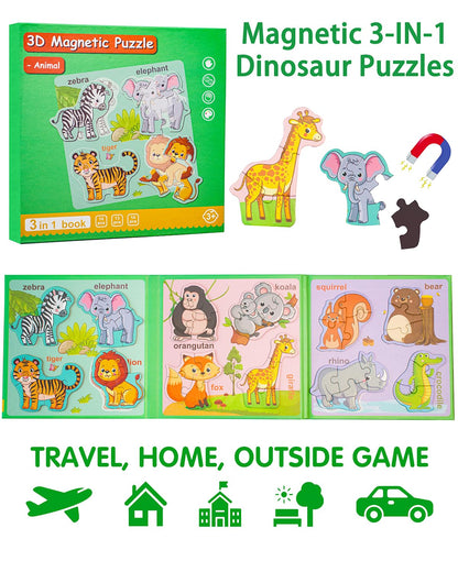 Magnetic Puzzles for Toddlers 1-3, Travel Puzzles for Kids Ages 3-5, Animal Activities Toy Wooden Jigsaw Puzzles Book for Boys & Girls 2-4, Learning Magnet Gift for Road Trip (Animal)