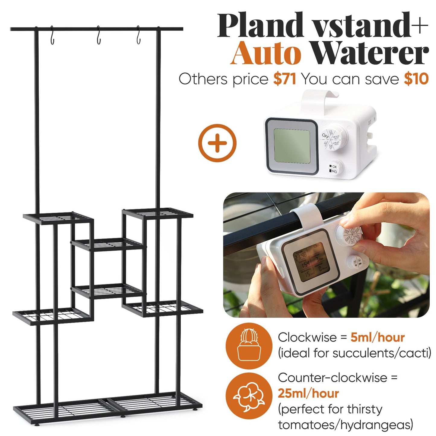 4 Tier Plant Stand with Automatic Drip Watering System, Indoor Outdoor Metal Plant Shelf with Hanging Rod, Holds 12 Pots, Space Saving Plant Display & Organizer