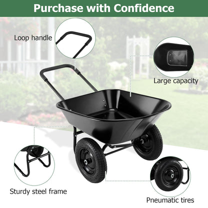 ERGOMASTER Dual-Wheel Wheelbarrow, Home Utility Garden Cart, 330 LBS Capacity, Large Heavy Duty Yard Cart for Gardening & Planting, Lawn, Farm, Construction Site, Black