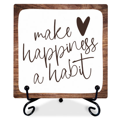 6" Inspirational Wood Decor Make Happiness A Habit Wooden Plaque Signs With 1 Metal Support Rustic Motivational Desk Décor For Home Office Bedroom Table Décor And Accessories - B02