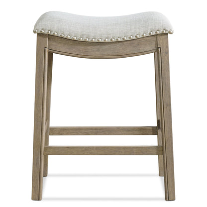 ROME + OAK Parker 26 Inch Counter Stool, Backless Saddle Kitchen Barstool in Reclaimed Oak Finish with Ash Grey Fabric Upholstery Cushion Seat