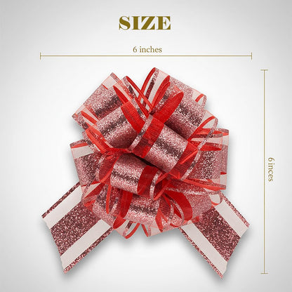 KLOVYRA Red Glitter Gift Bows– 6 Inch 6 Pack Romantic Pull Bows for Christmas Present, Valentine’s Day, Weddings, Birthdays & DIY Holiday Decorations
