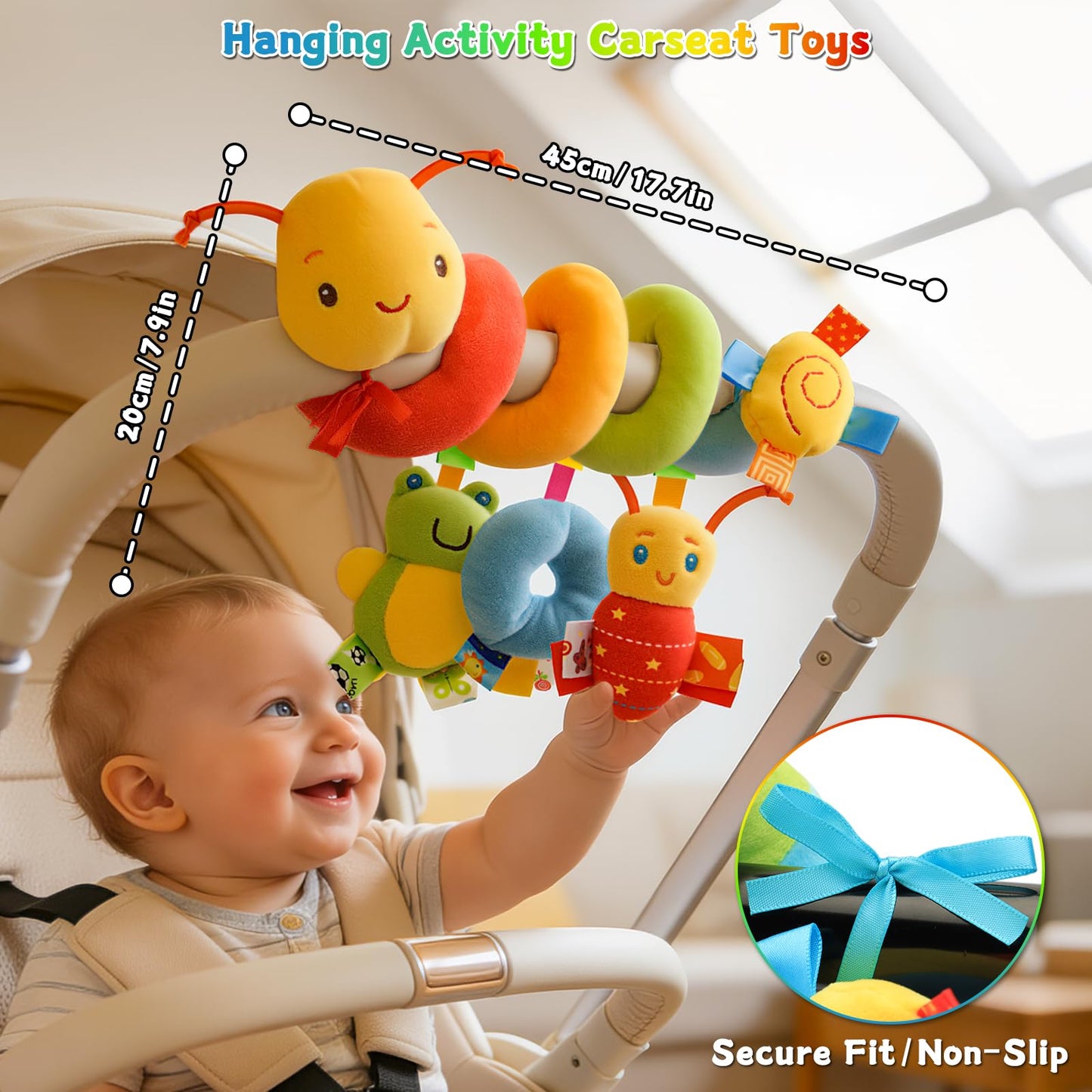 FPVERA Spiral Car Seat Toys - Baby Sensory Soft Plush Hanging Toys for 0-12 Months Stroller Crib Accessories, Essentials for Expecting Moms & Baby Shower Registry Gift