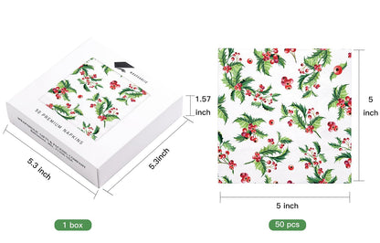 WRAPAHOLIC 50Pcs Christmas Paper Napkins - 3 Ply Xmas Holly Mistletoe Disposable Cocktail Napkin for Christmas Party Supplies Tableware - 5 x 5 In