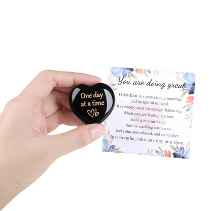 QINJIEJIE Black Obsidian One Day at A Time Heart Worry Stones Healing Crystal Thinking of You Gifts for Anxiety Relief Items You Got This Inspirational for Friend Encouragement Gift for Women Men