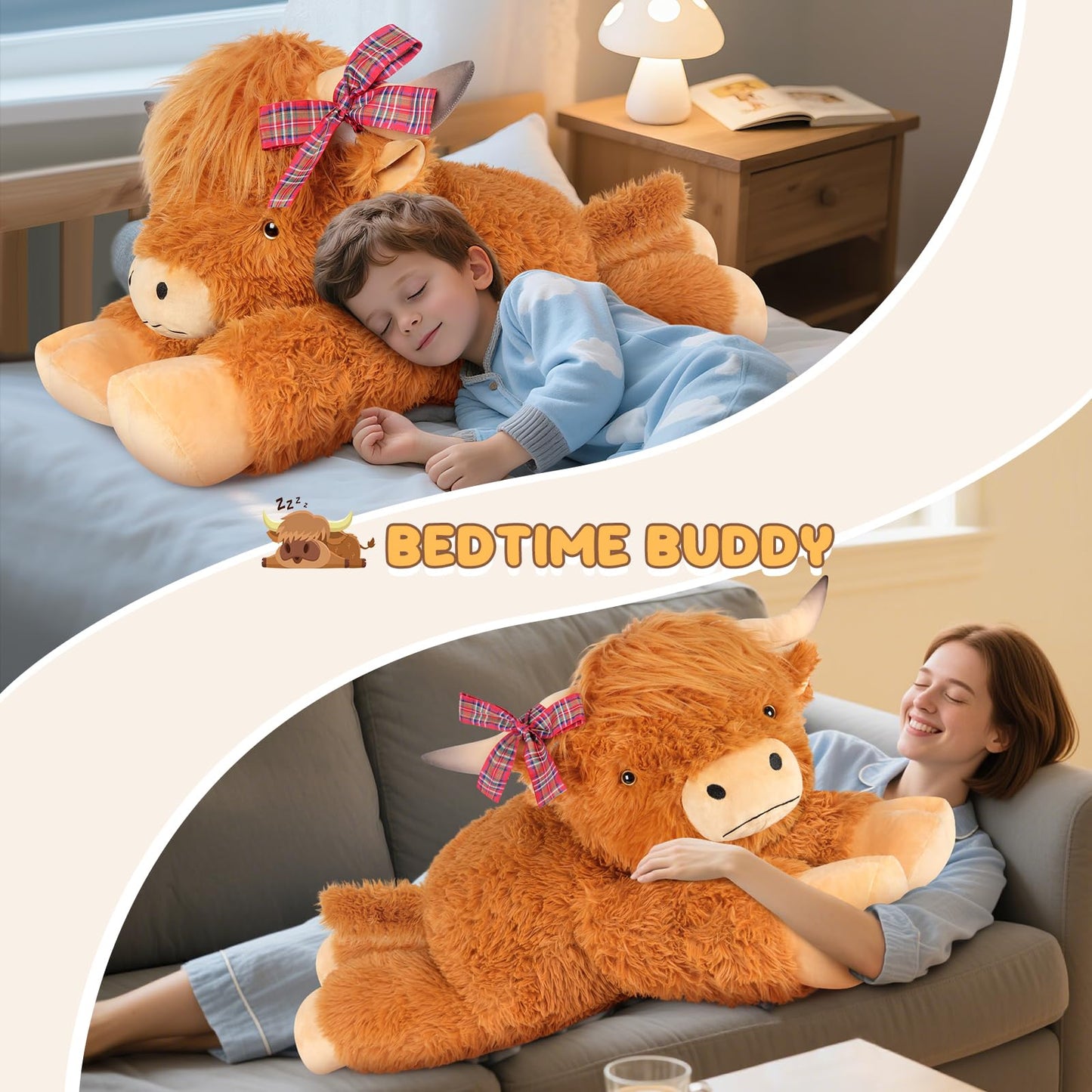 SuzziPals 43 inch Giant Highland Cow Stuffed Animals, Lifelike Big Cow Stuffed Animal for Stress Relief & Companion, Extra Soft Cute Plushies, Huge Emotional Support Plush Toys Gifts for Kids Adults