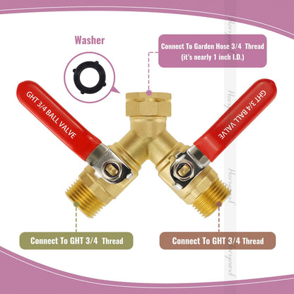 Horiznext GHT 3/4 full flow garden hose splitter, brass hose splitter 2 way heavy duty, y valve hose splitter with shutoff, outdoor water spigot splitter hose connector (1 pc)