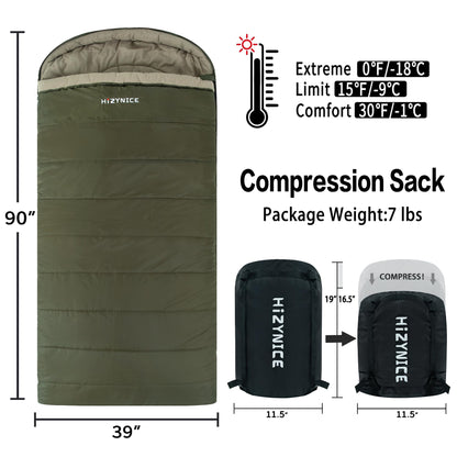 HiZYNICE 0 Degree Sleeping Bags for Adults Winter Camping Cold Weather XXL Wide Long.Green Right Zip.Compression Sack Included