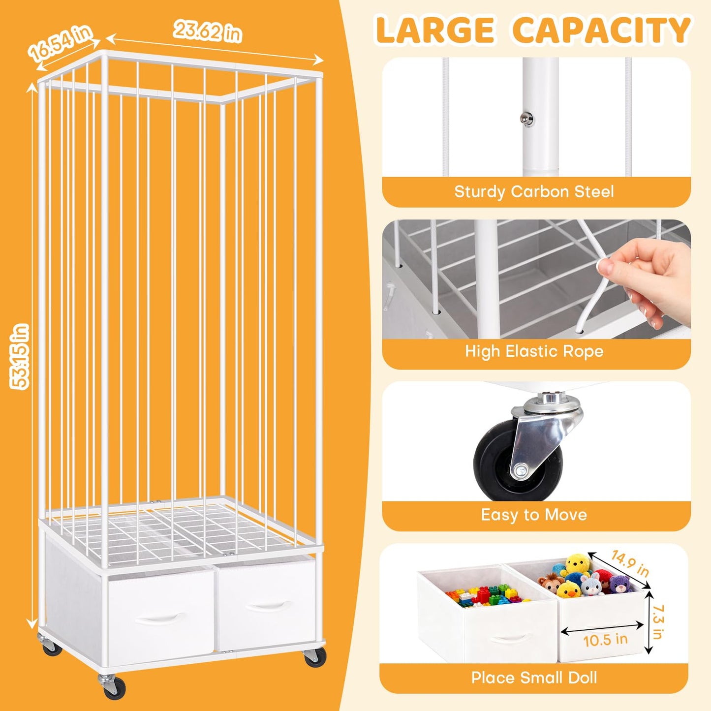 Stuffed Animal Storage - Large Stuffed Animal Zoo Holder with 2 Toy Bins - Plushies Storage with Elastic Band - Metal Plush Toy Organizer Brake Wheels Perfect for Toddler Rooms Playrooms Bedroom