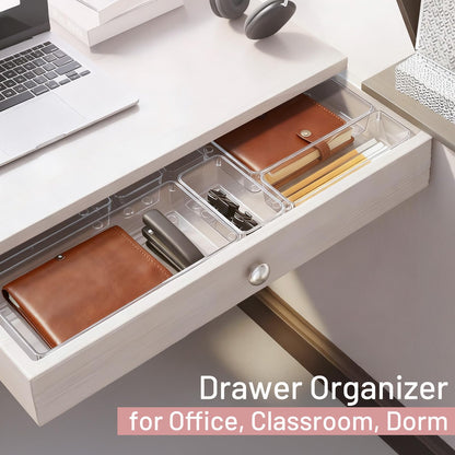 8 Pack Large Clear Plastic Drawer Organizer Bins - Acrylic Bathroom Drawer Organizer Trays - Heavy Duty Kitchen Drawer Dividers for Utensils - Non-Slip Storage Bins for Makeup, Bedroom, Office Desk
