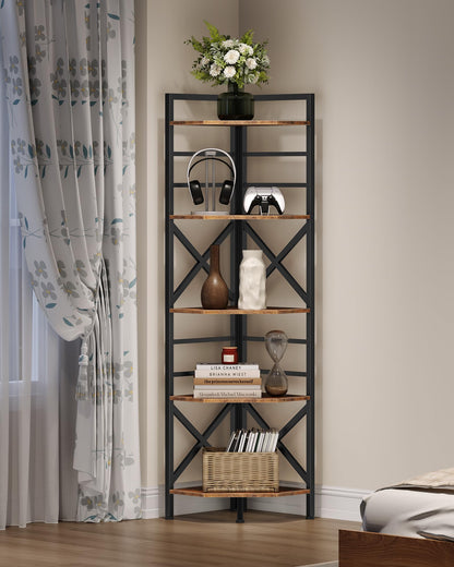 CHOEZON 69.3" Corner Shelf 5-Tier, Large Corner Shelving, Freestanding Storage Stand for Bedroom, Living Room, Kitchen, Industrial Engineered Wood Bookshelf Organizer, Rustic Brown and Black TCJ15BF