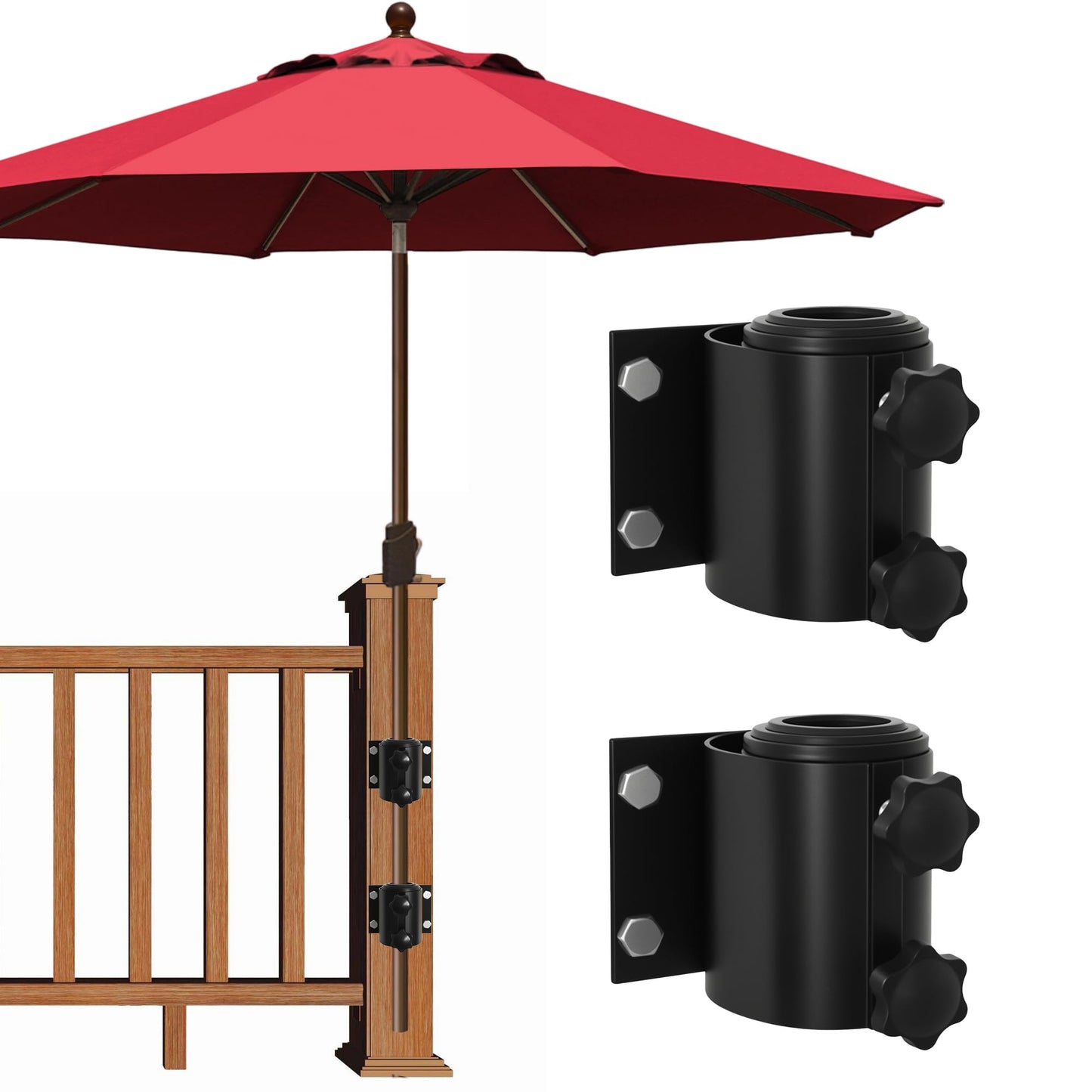 EliteShade USA Full Aluminum Non-Rust Deck Umbrella Mount, Heavy Duty Metal Patio Umbrella Base Stand, 2 Piece Outdoor Umbrella Holder for Deck Railing, Black