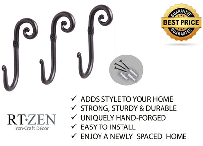 RTZEN Wall Mount Hook Set - Wrought Iron Decorative Rustic Metal Coat Hooks for Hanging - Handcrafted Classic Farmhouse Wall Mounted Black Hooks for Towel Robe or Hat Hanging - 3 Pack