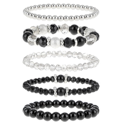 5 Pcs Beaded Stretch Bracelets Black Stackable Bracelets Crystal Bead Bracelet Boho Beaded Bracelets Stretch Layering Crystal Stone Beaded Bracelets Trendy Costume Jewelry Gifts for Women