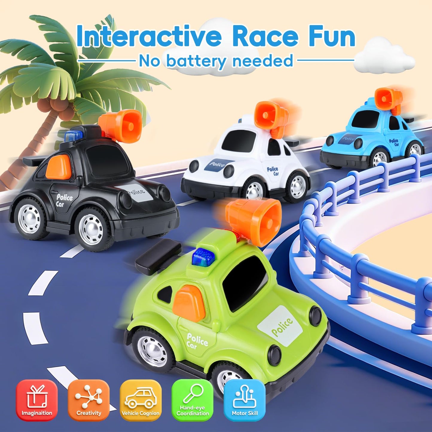 YEHOSHUN Cartoon Police Car Push and Go Inertia Toys for Toddlers 1-3, Friction Powered Race Vehicles for Toddlers 6-9-12-18 Month, 1st Birthday Gift for 1-2 Year Old Boys Girls