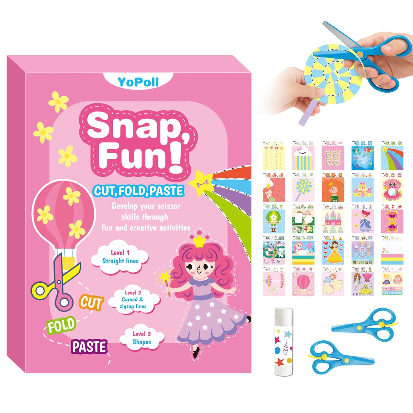 YoPoll Scissor Skills Activity Book for Kids, Toddler Arts and Crafts Kit with 2 Safety Scissors, Preschool Learning Toy for Fine Motor Skills and Creative Cutting Practice, Fun Gift for Boys & Girls