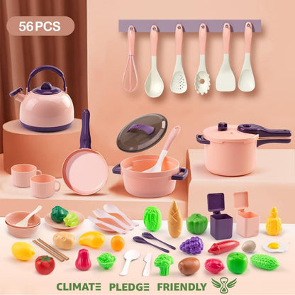 56Pcs Mini Play Kitchen Accessories for Kids, Pretend Cooking Playset with Cookware, Tableware & 2 Fruit Sets, Learning Gift for Girls, Boys, Toddlers, Pink