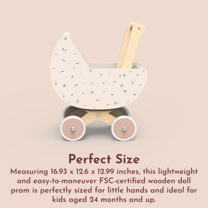 SPEEDY MONKEY Wooden Doll Stroller Pram | Pretend Play Push Toy for Toddlers | Kids’ Baby Doll Walker with Soft Bedding | Durable Role-Play Stroller for Imaginative Play & Nursery Decor