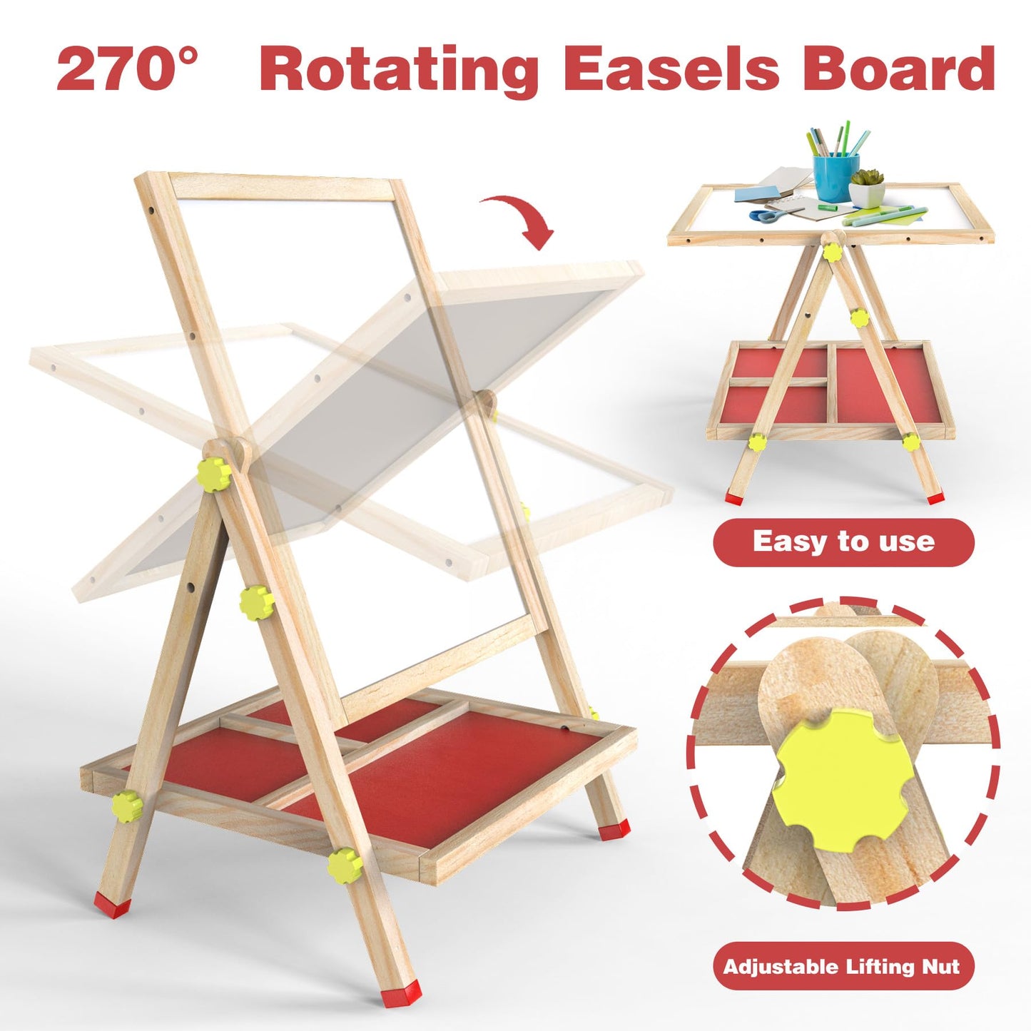 JOYOOSS Easel for Kids Chalkboard,Wooden Blackboard for Kid Toddlers Easel Adjustable Magnetic White Board Chalkboard for Kids Dry Erase Art Easels for Toddler Drawing Board for Kid Ages 4-8 8-12 Red