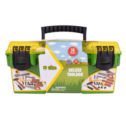 John Deere 18 Piece Deluxe Tool Box, Construction Playset with Tape Measure and Tools, Interactive Building Toys, Preschool Toys for Boys and Girls