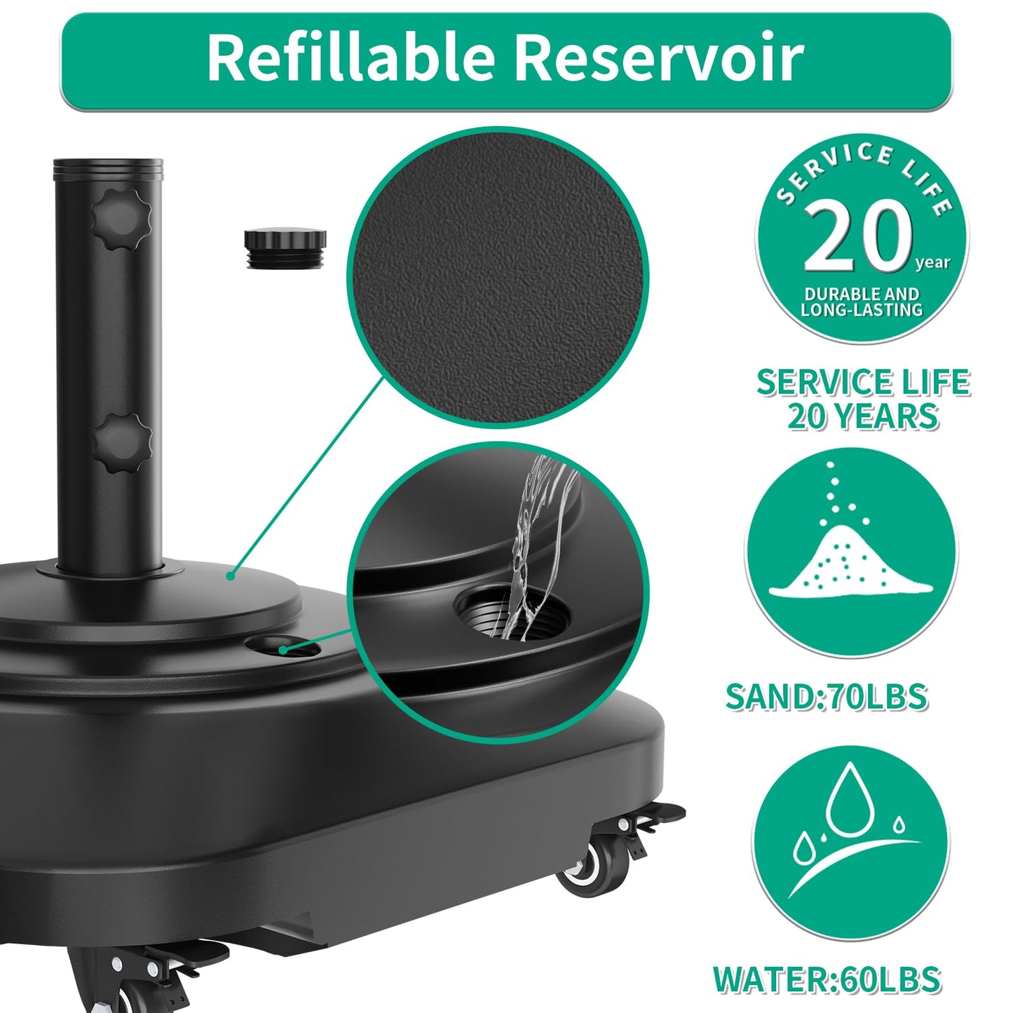 Umbrella Base with Wheels, Umbrella Stand Base Heavy Duty 100lb Windproof, Fillable Umbrella Base Mobile Square Umbrella Stand Outdoor Base for Patio, Deck, Poolside, Lawn, Fits Most Sized Umbrellas