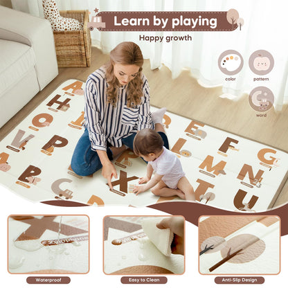 Foldable Baby Play Mat, 65" X 50" Waterproof Double-Sided Cushioned Activity Play Mat, Soft Lightweight Foam Playmat with Fold-Up Sides, Non Slip Crawling & Playing for Infants and Toddler, Alphabet