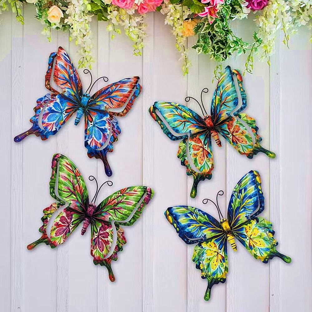 4Pcs Butterfly Metal Wall Decor,6.7"x6.5" Outdoor Hanging Wall Art Sculptures Decoration for Living Room Fence Garden Yard Patio Balcony Office