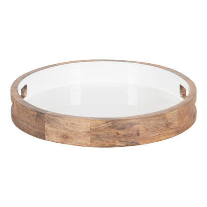 Kate and Laurel Ehrens Boho Wood Tray, 15 Inch Diameter, Natural and White, Round Accent Tray for Transitional Decor