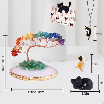 Dreamgirl Black Obsidian Chakra Crystal Tree and Healing Stones Cute Sleeping Cat Statue Lucky Kitten Figurine Office Bedroom Home Desk Decoration Cat Lovers Gift for Women