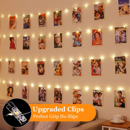 Lakumu Rechargeable Photo Clips String Lights with 8 Modes, 50 Clips 20 Hooks, 17ft 50 LED Fairy Lights with Timer for Wall, Girls Room Decor, Bedroom, Christmas, Party, Wedding