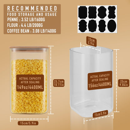 D2scrma 156oz Airtight Glass Square Storage Canister with Bamboo Lid Set of 2(4600ml*2) Large Gallon Glass Jars for Sugar, Flour, Cookies and Coffee beans (‎with Black Lable)