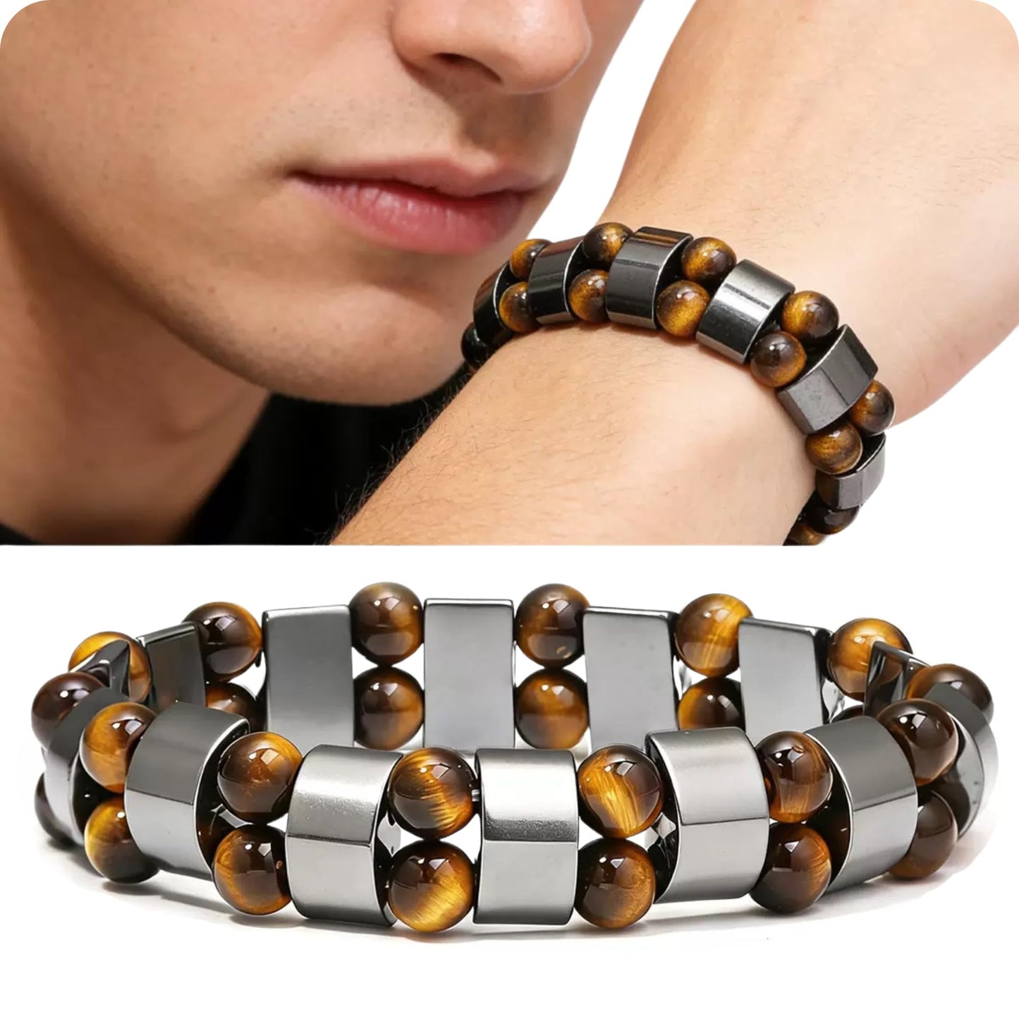 TUBIANCA Tiger Eye & Hematite Bracelet for Men & Women – Double Strength Natural Stone Protection Bracelet – Anniversary, Birthday, Mother’s Day & Father’s Day Gift