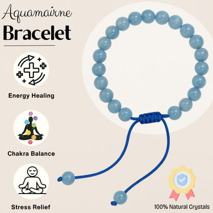 Amazing Gemstone Aquamarine Bracelet for Women Men's Gifts - Protection Healing Crystal Bracelet - 8mm Gemstone Beaded Adjustable Bracelet Pulseras Para Hombres Mujer Stocking Stuffers