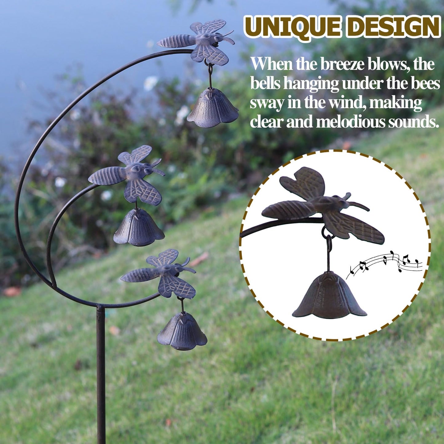 Gardens Metal Bees with Bells for Outside Garden Art,Decorative Garden Stakes
