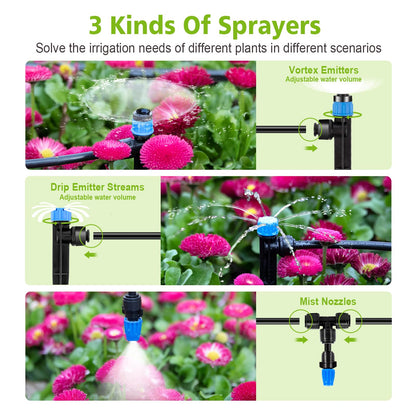 Kafuzi 230FT New Quick-Connect Drip Irrigation System Kit, Automatic Garden Watering Misting System for Greenhouse, Yard, Lawn, Plant with 1/2 inch Hose 1/4 inch Distribution Tubing and Accessories